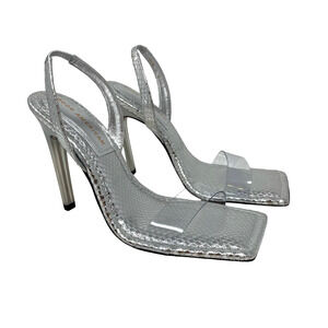 Good American Open Square Toe Heels Silver Snake Size 8 GA120L-E